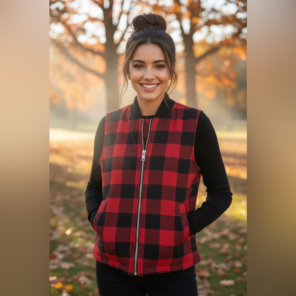 Thread & Supply Buffalo Plaid Sherpa Lined Zip Vest Red Black M